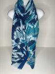 Lighter weight rose glitter paint splash print scarf in shades of blue, aqua, green and baby blue