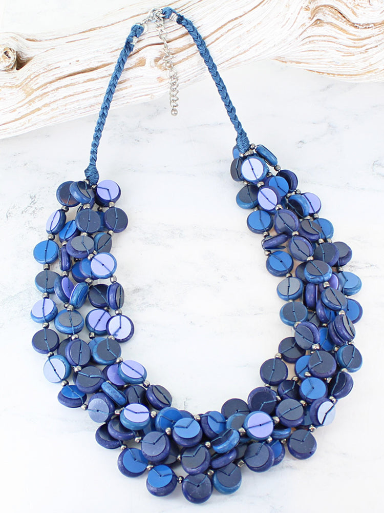 Short necklace, with wooden & sequin navy, blue and baby blue stations - on a blue-twist chain (Copy)