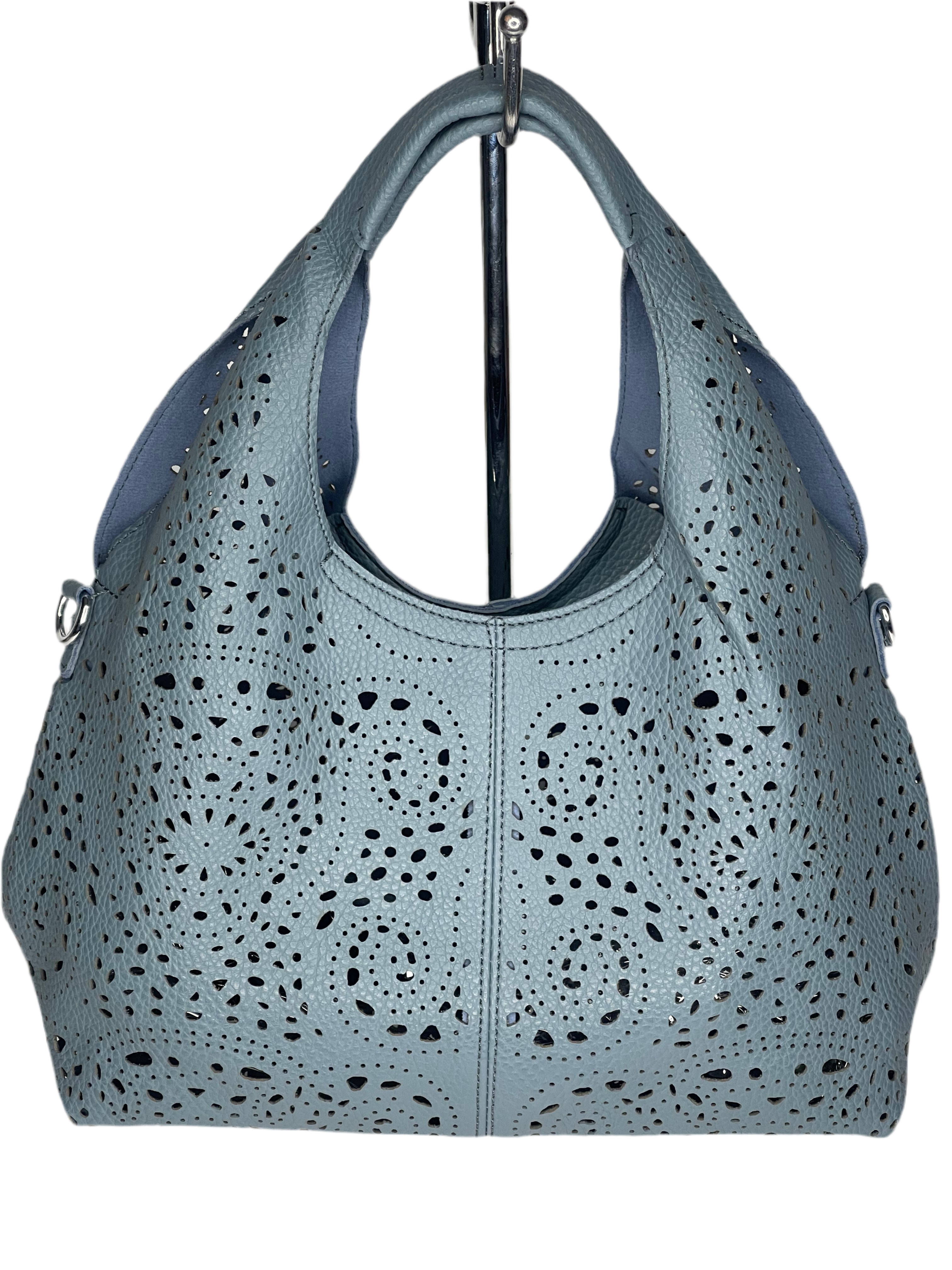Denim blue laser cut hobo handbag / cross body bag - made from recycled water bottles