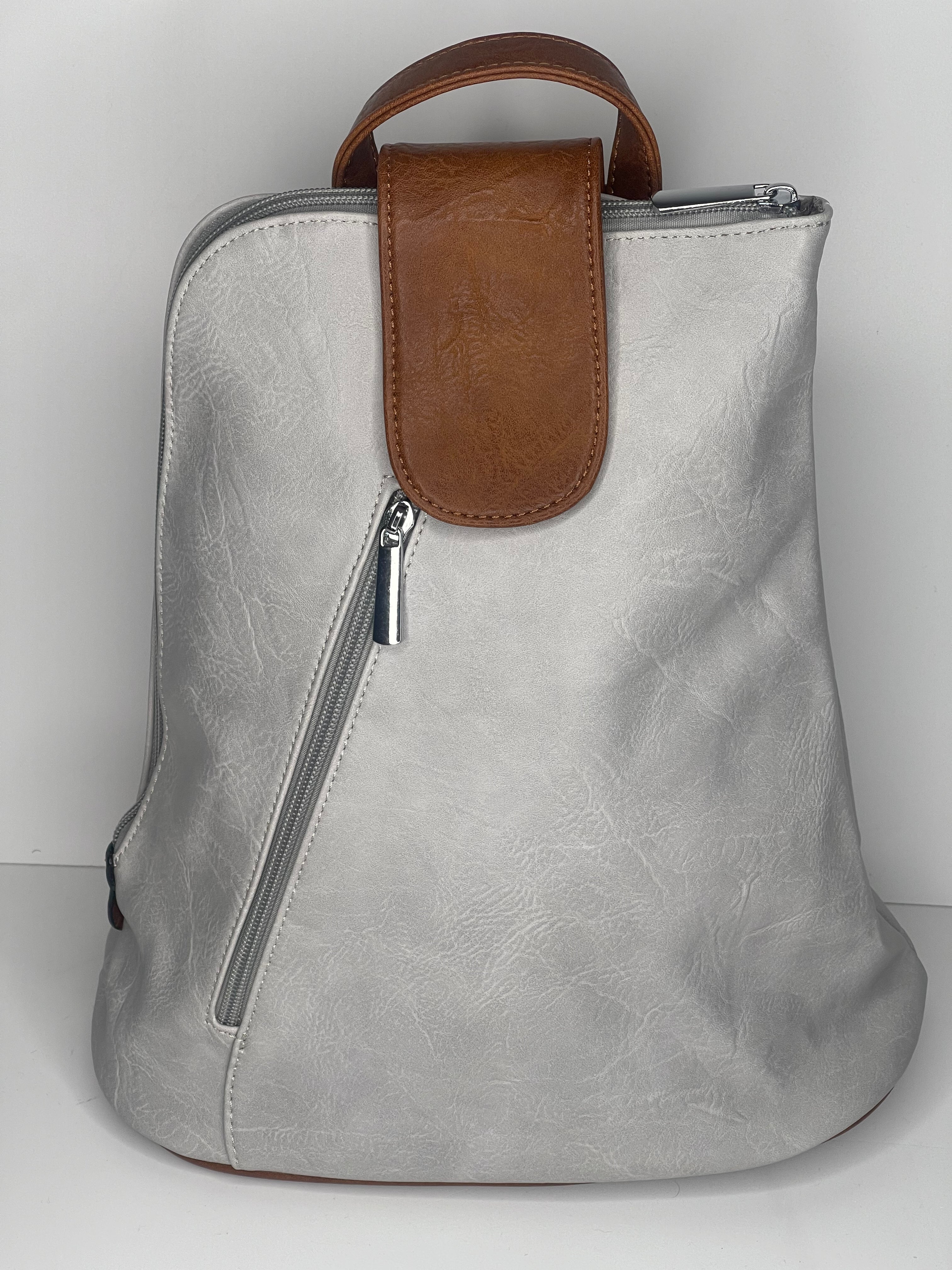 Light grey backpack / cross body bag - made from recycled water bottles - looks just like leather!
