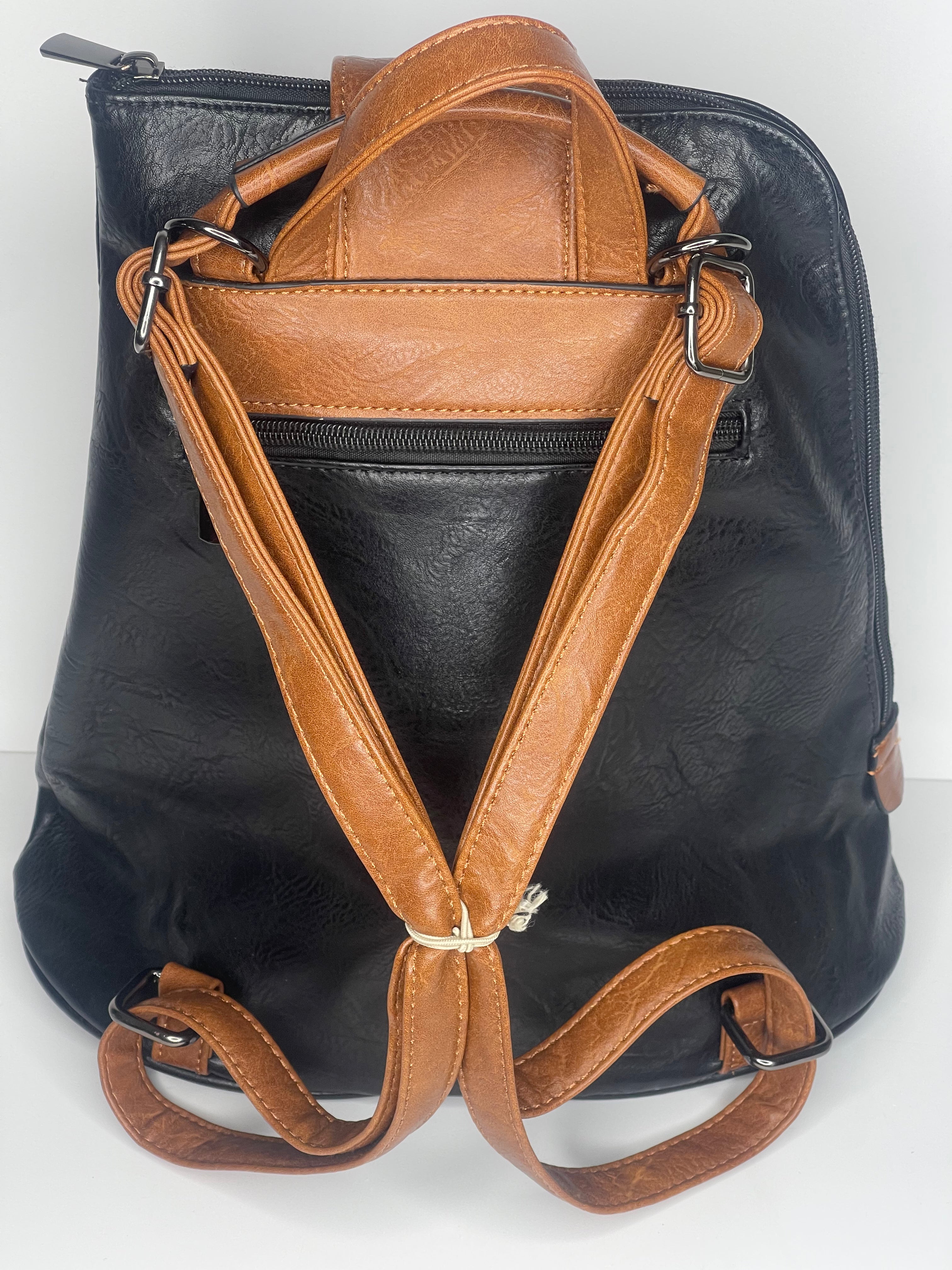 Black backpack / cross body bag - made from recycled water bottles - looks just like leather!