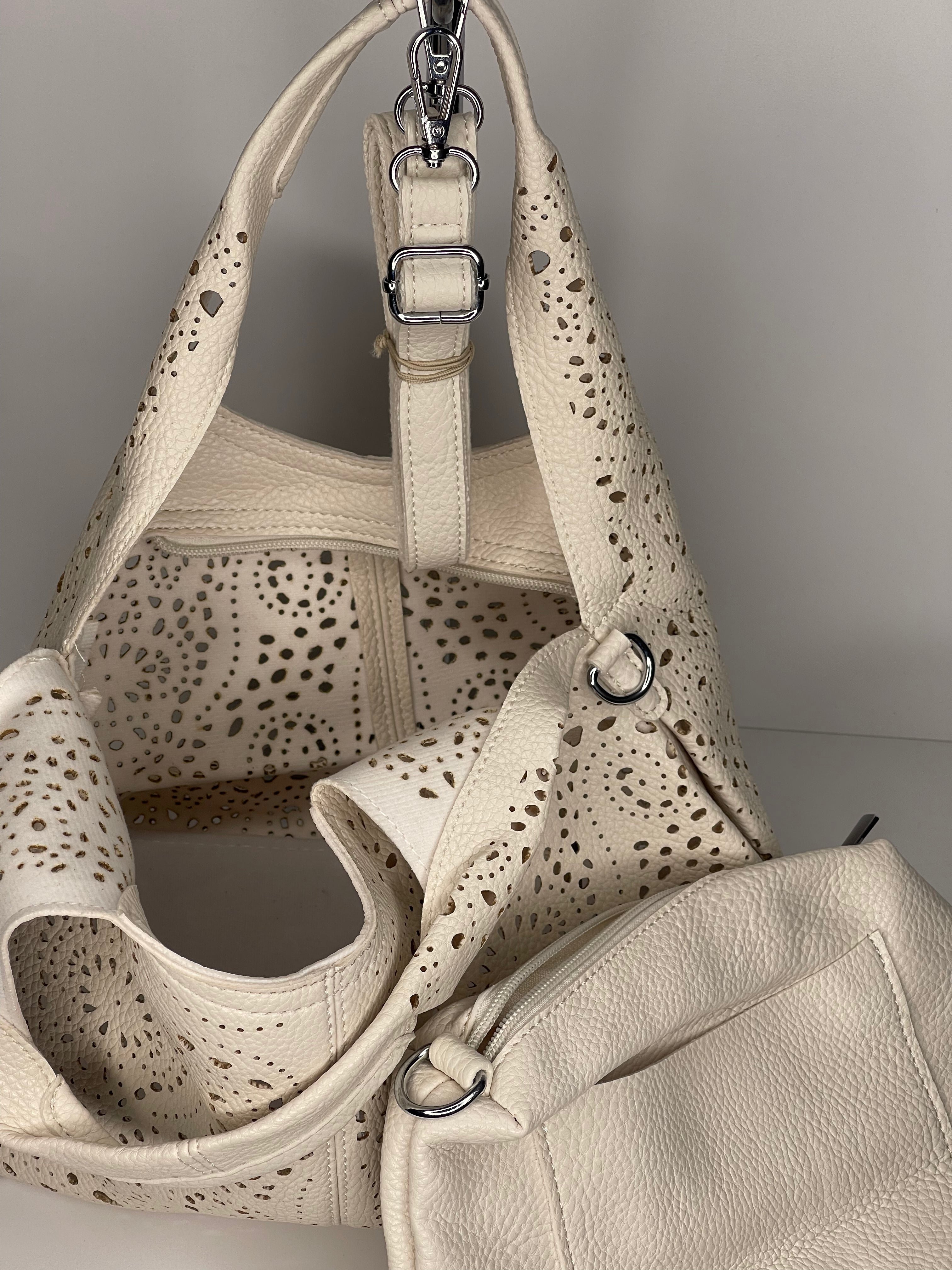 Denim blue laser cut hobo handbag / cross body bag - made from recycled water bottles