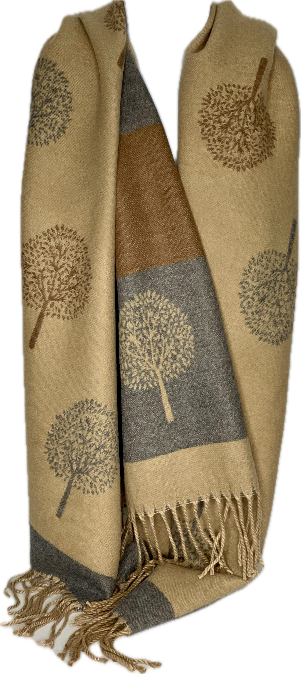 Super soft, cashmere blend, striped reversible tree of life print scarf in camel, tan and grey