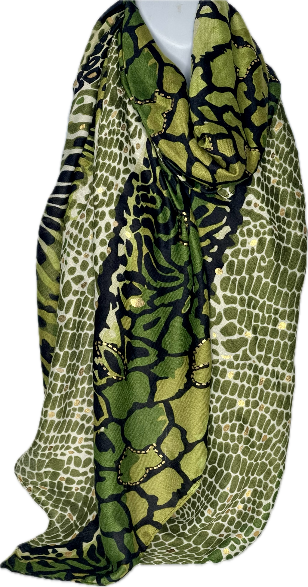 Shades of green, gold foil giraffe printed scarf