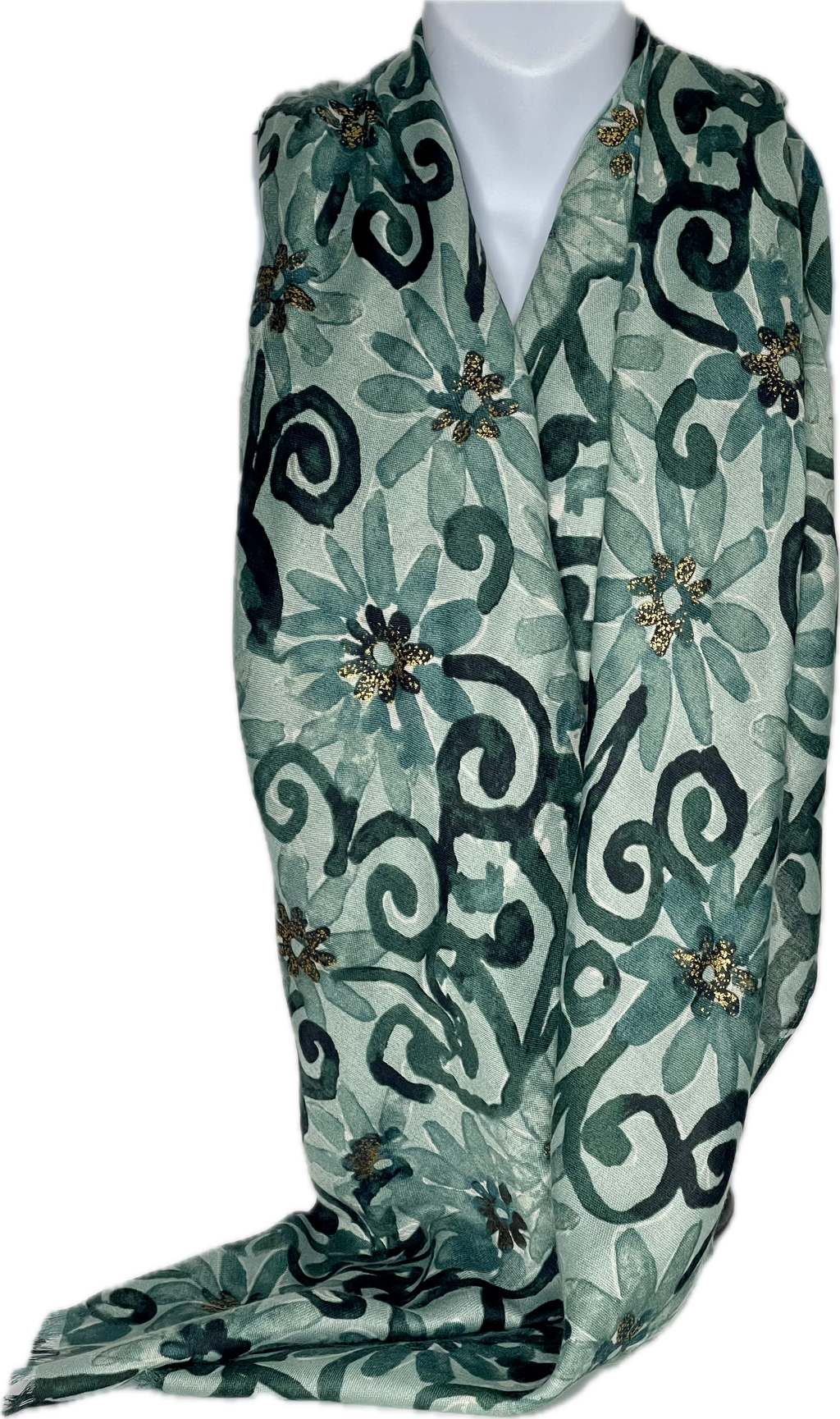 Shades of green, gold foil floral printed scarf