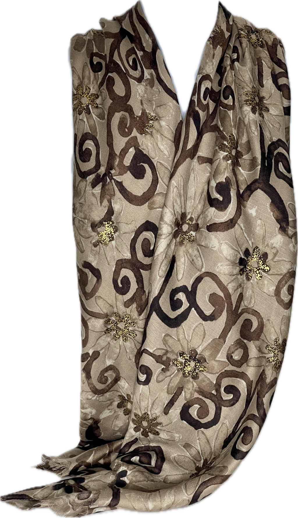 Shades of taupe, gold foil floral printed scarf