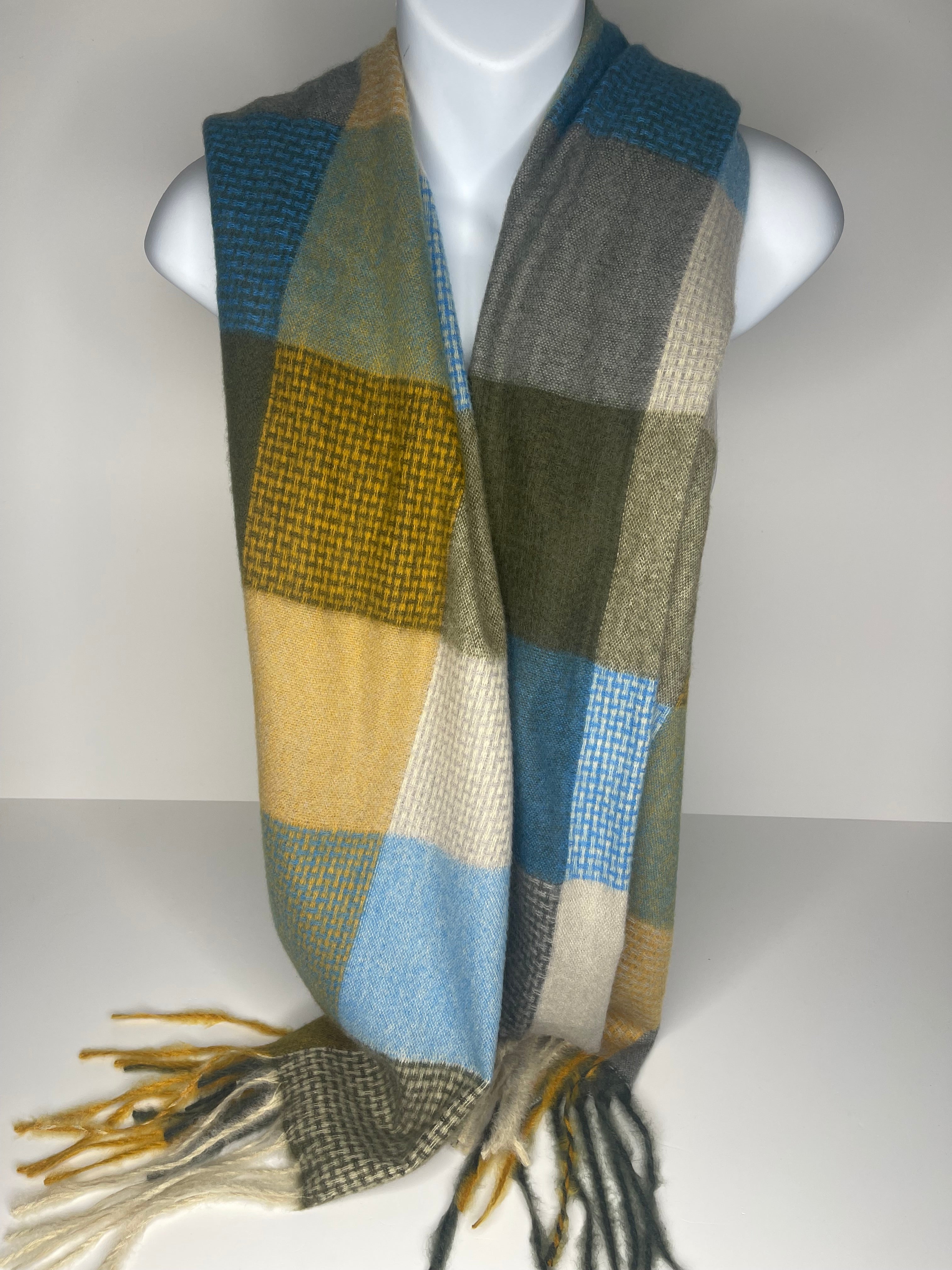 Winter weight, woven textured checkered print scarf in shades of mustard, khaki, grey and blue