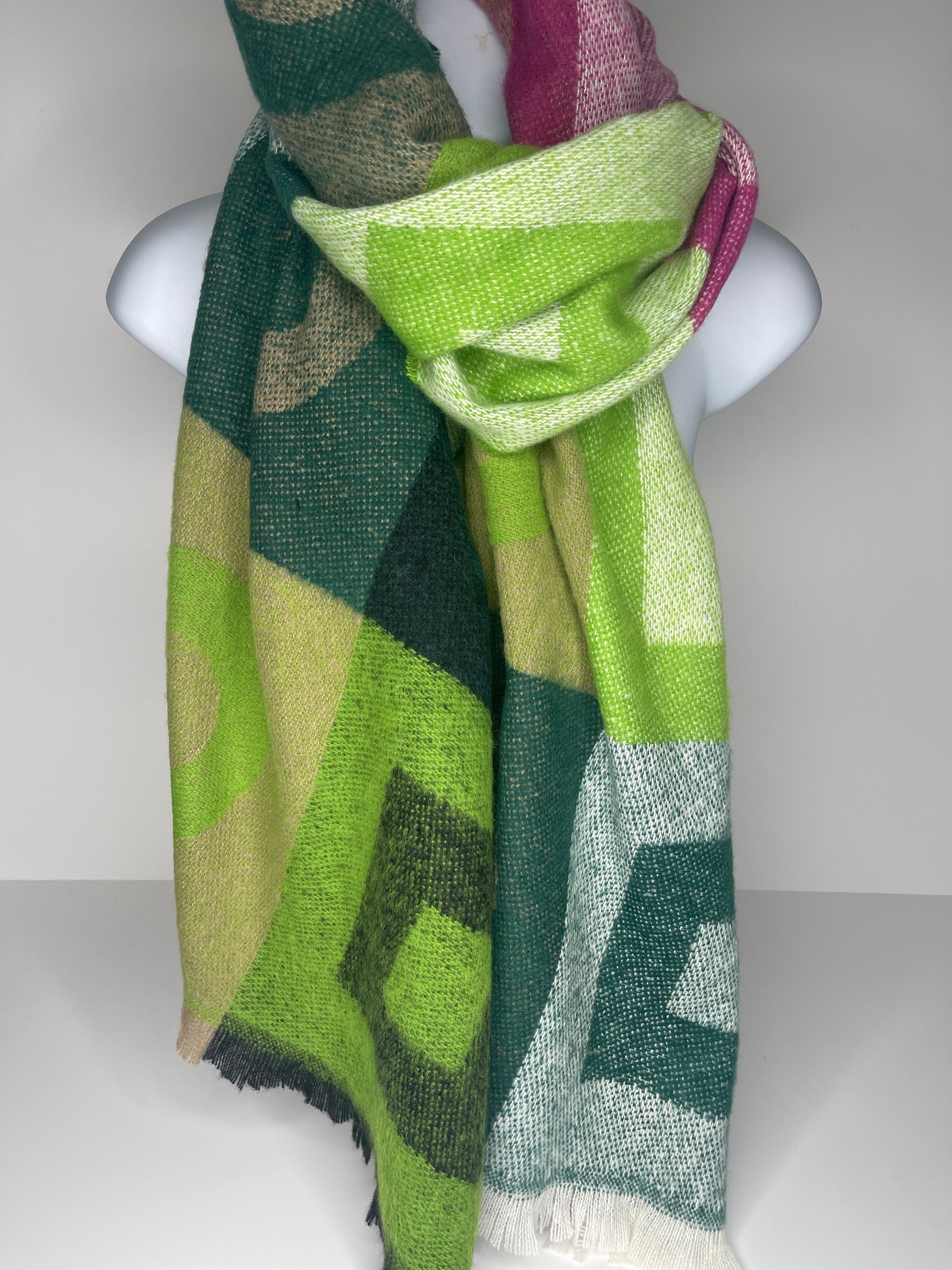 Winter weight 'square and o' print scarf in colours of lime green, white, fuchsia, black, forest green and apple green