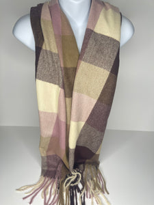 Winter weight, cashmere-mix, checkered print scarf in shades of mauve, cream, mushroom and beige, with tassels