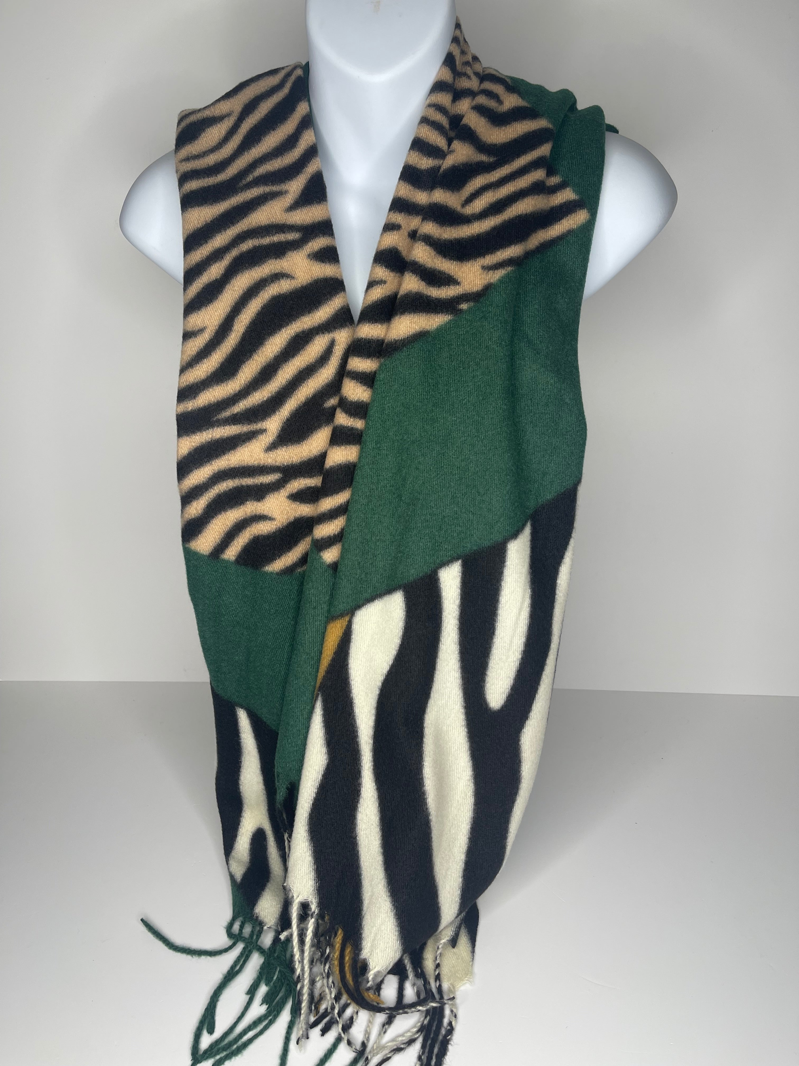 Winter weight, cashmere-mix zebra print scarf in shades of green, mustard, black and cream