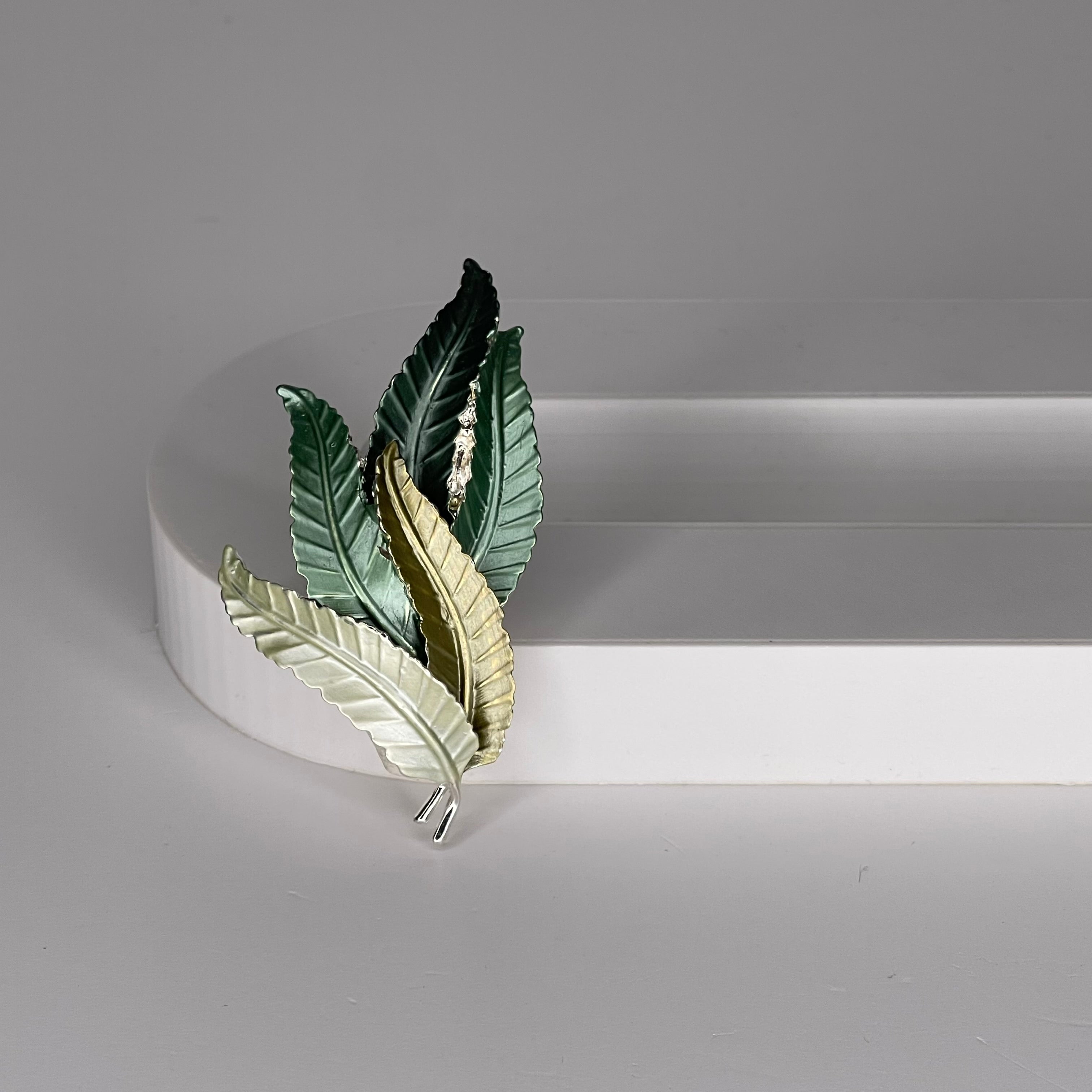 Magnetic brooch & scarf clip  - 'leaf' design in shades of different greens and shiny silver
