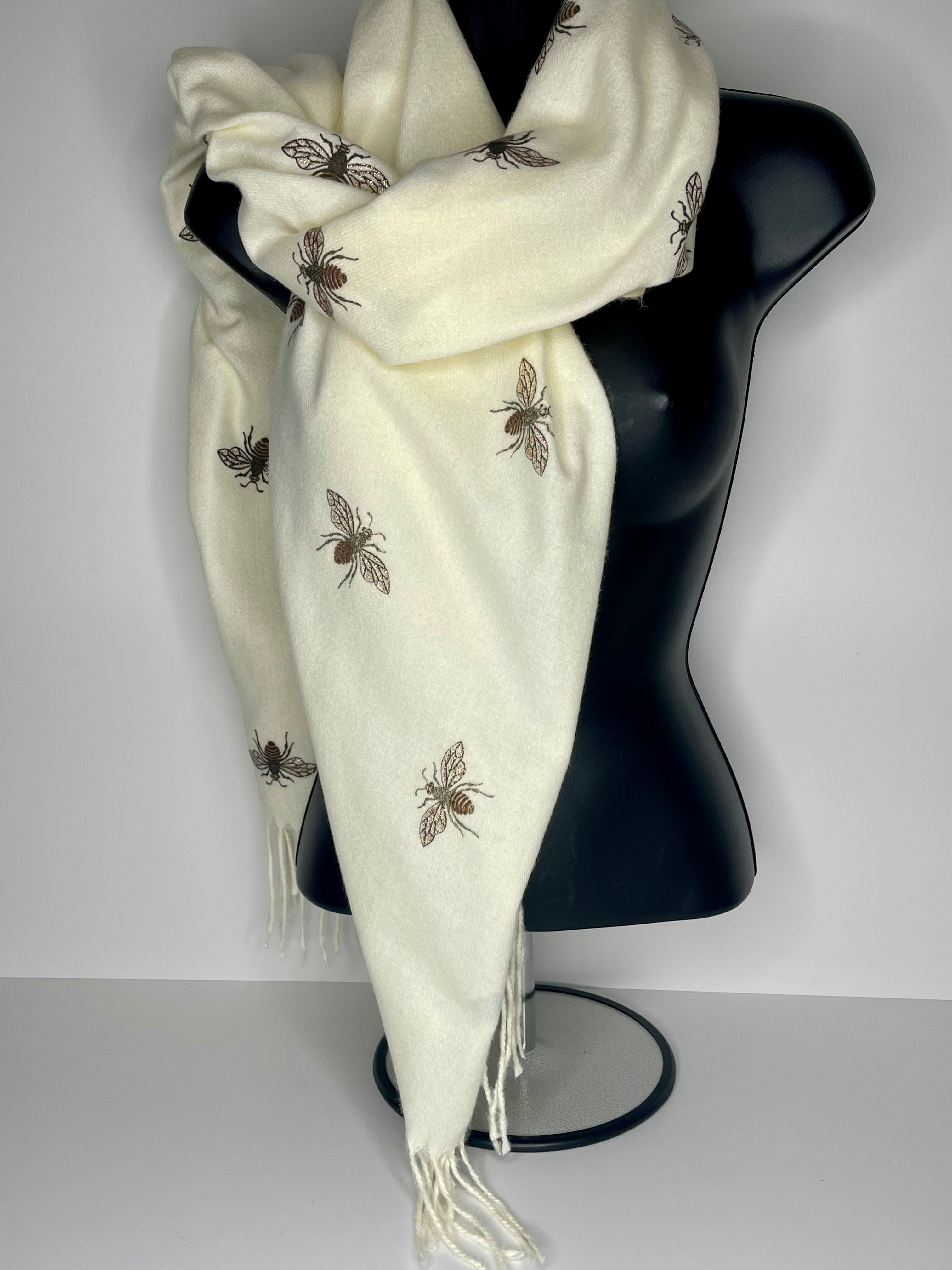 Winter weight, cashmere-blend, glitter bee print scarf in winter white