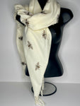 Winter weight, cashmere-blend, glitter bee print scarf in winter white