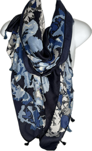 Navy, blue and grey camo printed scarf with tassels