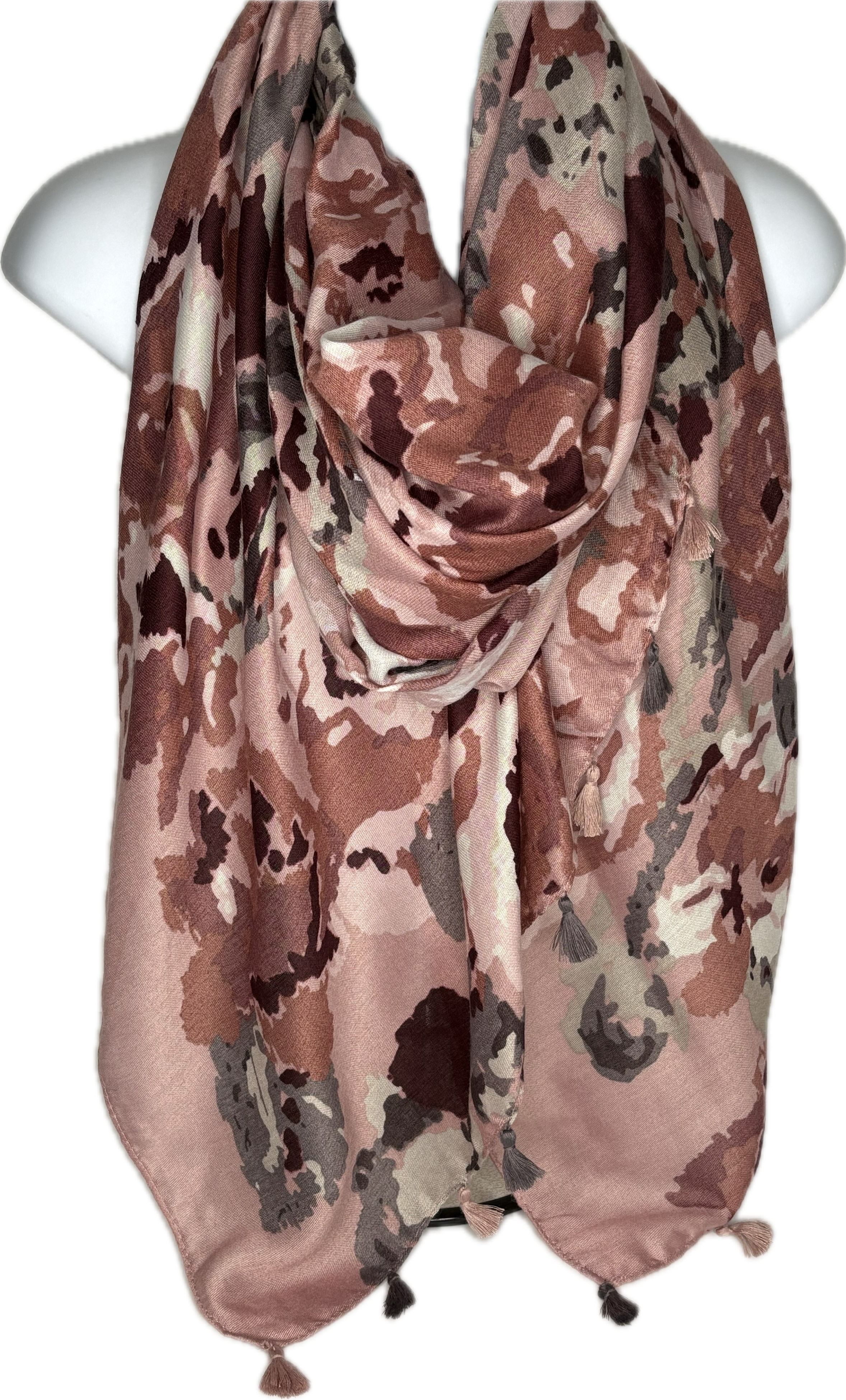 Burgundy, pink, cream & grey camo printed scarf with tassels