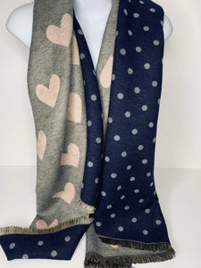 Winter weight, heart 'polka-dot' print scarf in shades of navy, baby pink and grey