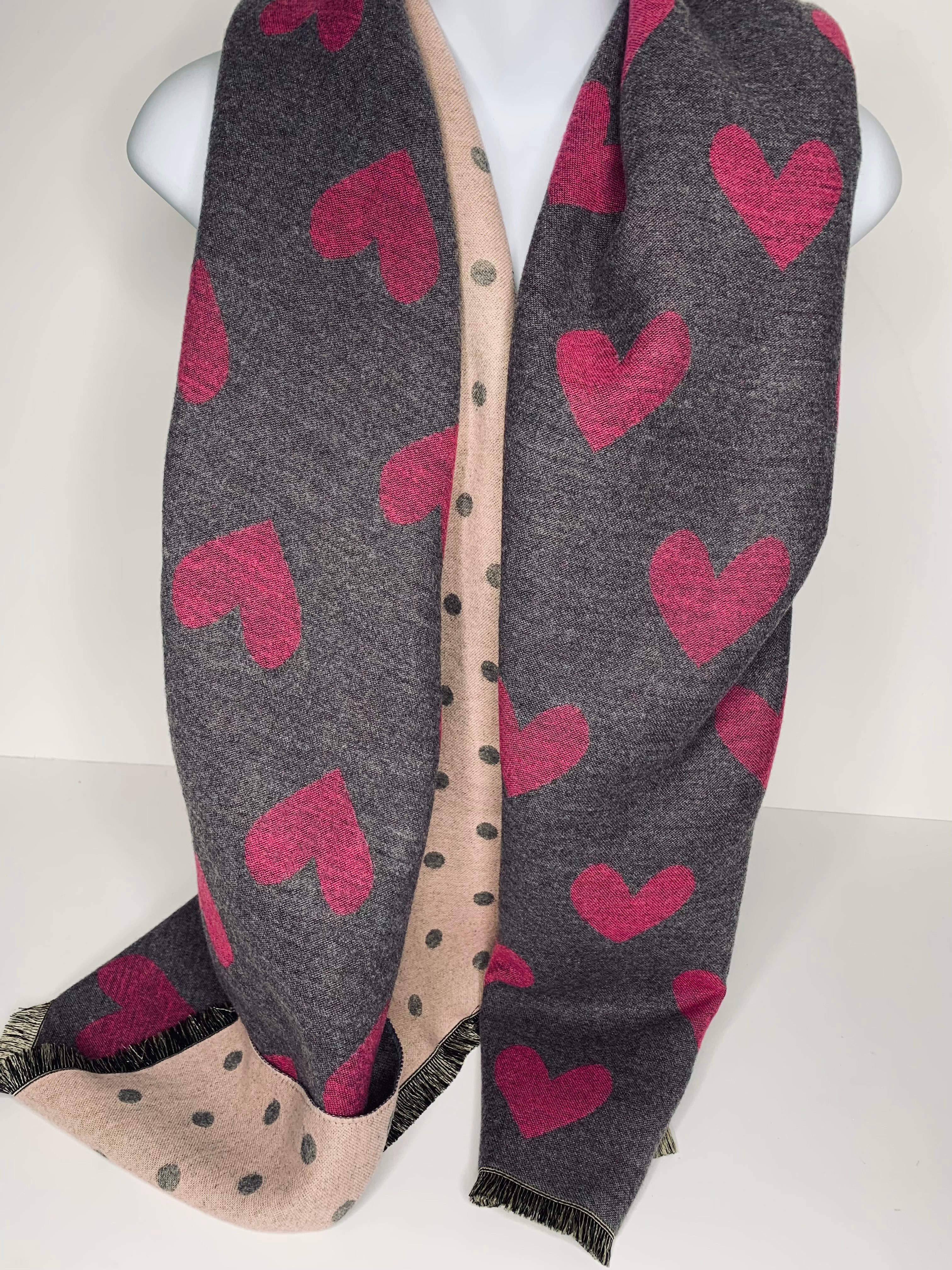 Winter weight, heart 'polka-dot' print scarf in shades of baby pink, fuchsia and grey