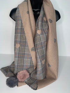 Winter weight, cashmere-mix, reversible checkered heart print scarf in shades of dark grey, coffee and mauve, with faux pom-ends