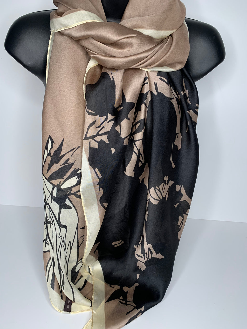 Lighter weight 100% silk luxurious rose print scarf in shades of black, cream and champagne