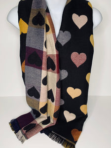 Winter weight, heart checkerboard print scarf in shades of black, mustard, burgundy, grey and cream