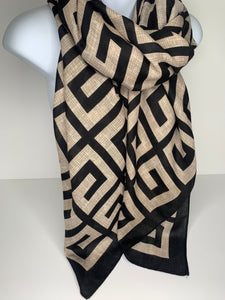 Lighter weight 'greek key design' print scarf in shades of cream and black