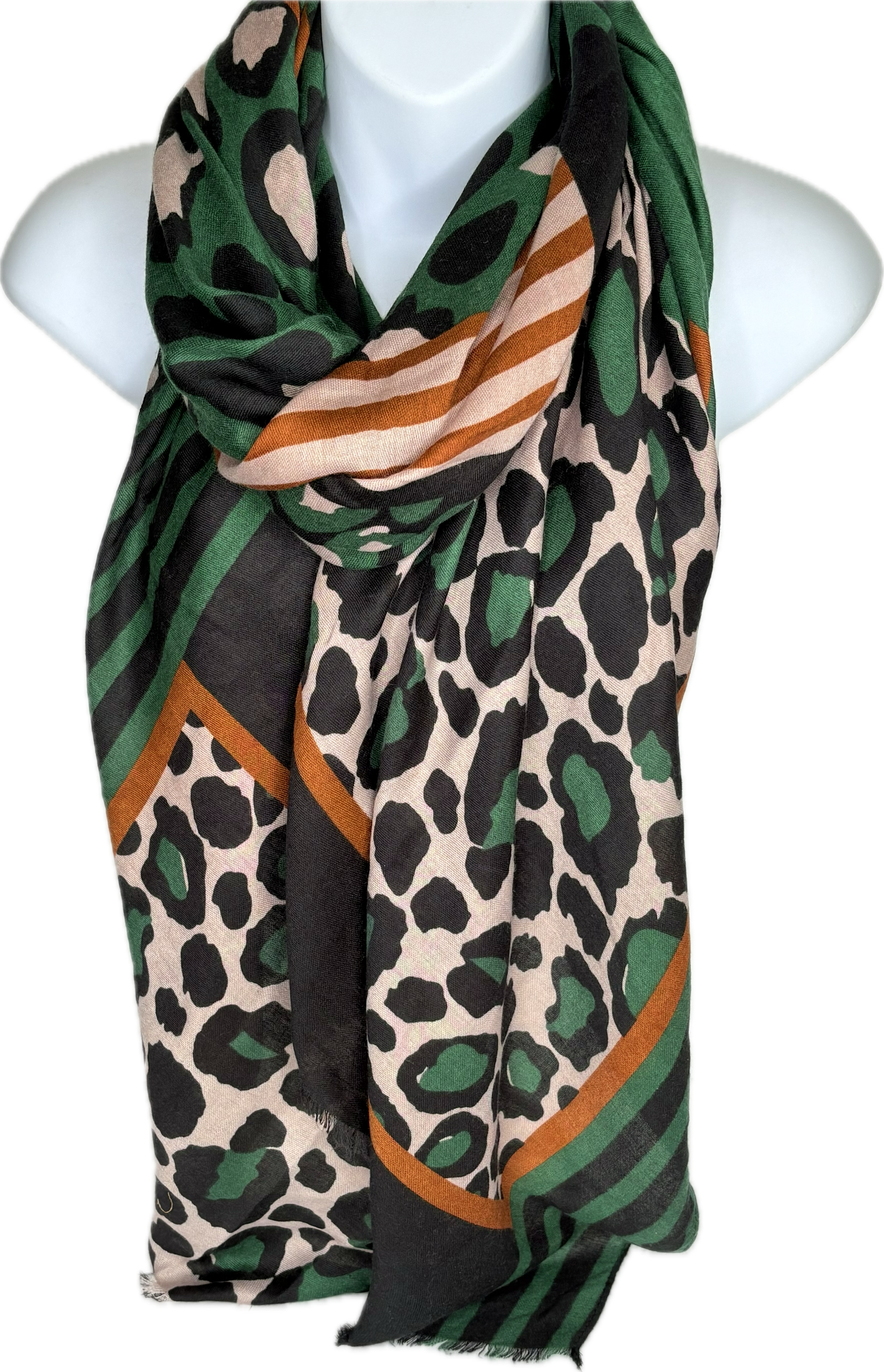 Green, black, tan and oatmeal leopard printed scarf
