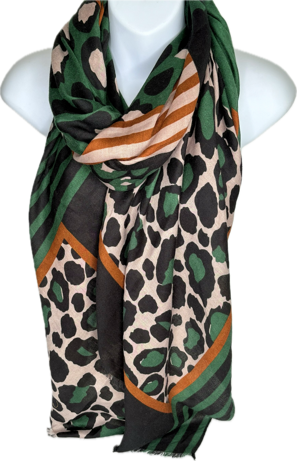 Green, black, tan and oatmeal leopard printed scarf