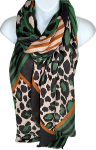 Green, black, tan and oatmeal leopard printed scarf