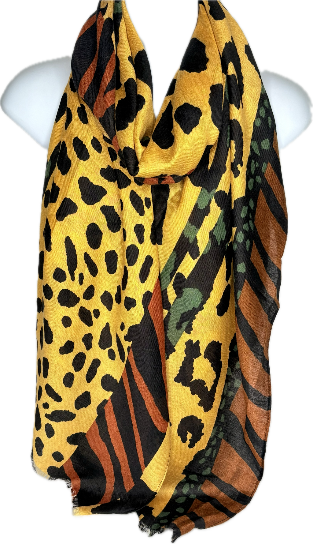 Mustard, black, tan and green animal printed scarf