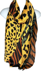 Mustard, black, tan and green animal printed scarf