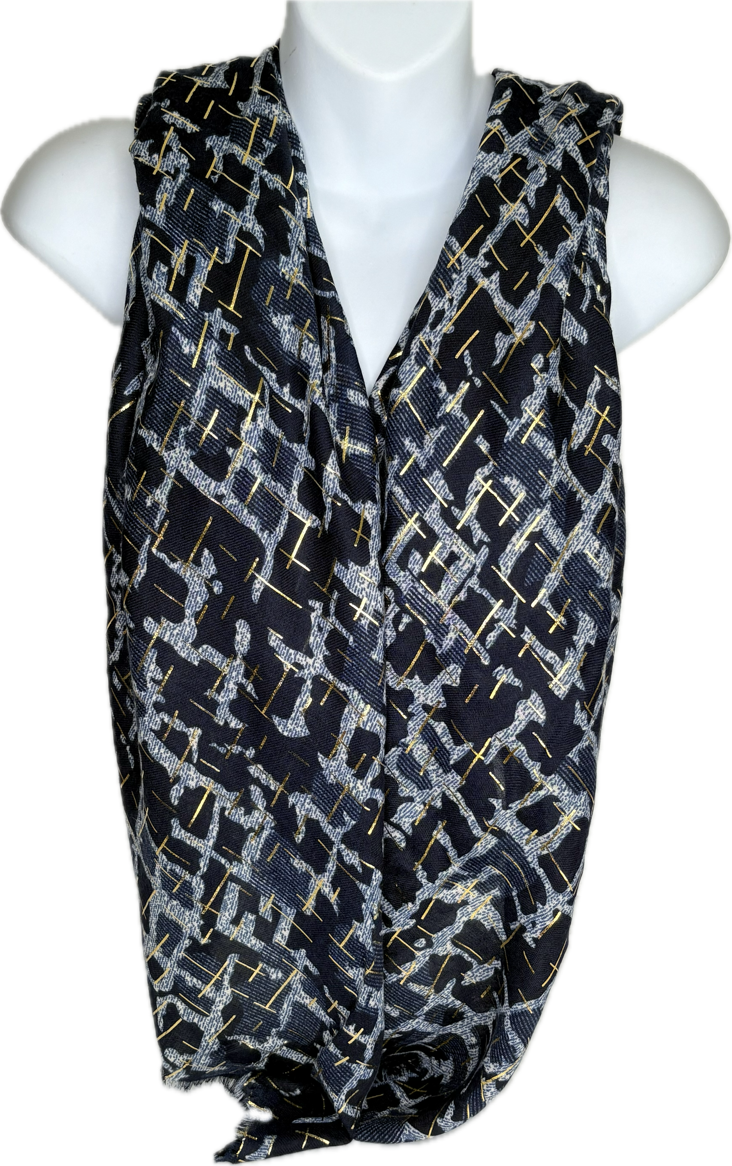 Navy and grey square printed scarf with gold foil