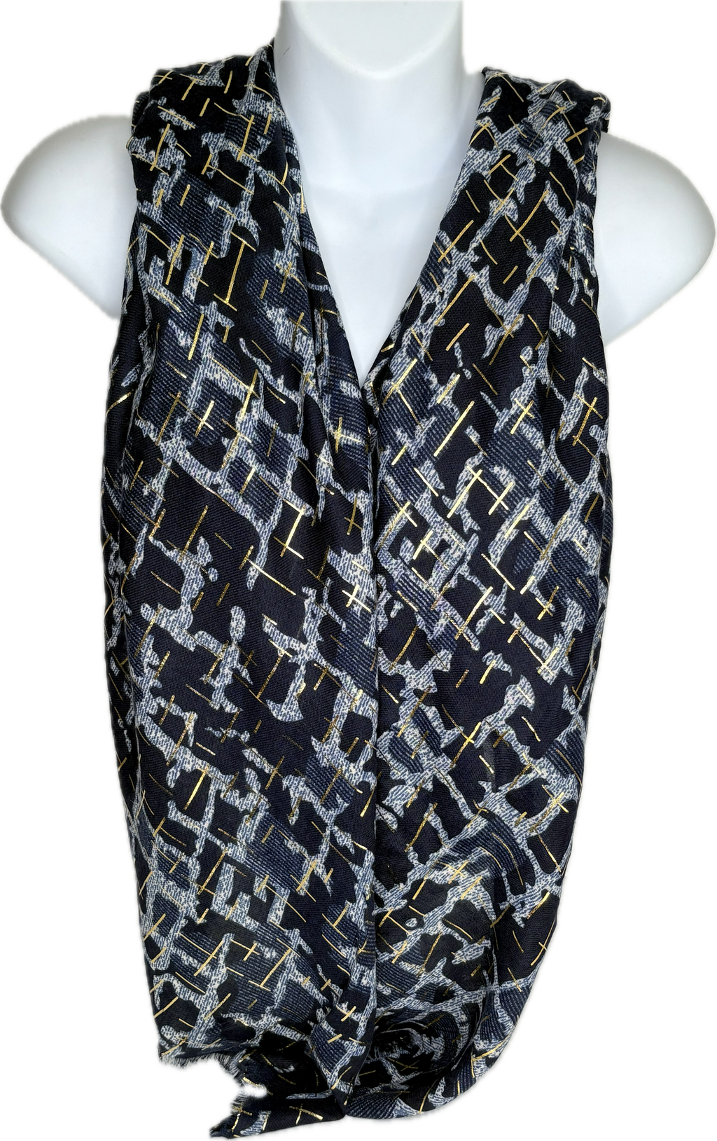 Navy and grey square printed scarf with gold foil