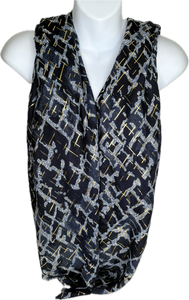 Navy and grey square printed scarf with gold foil