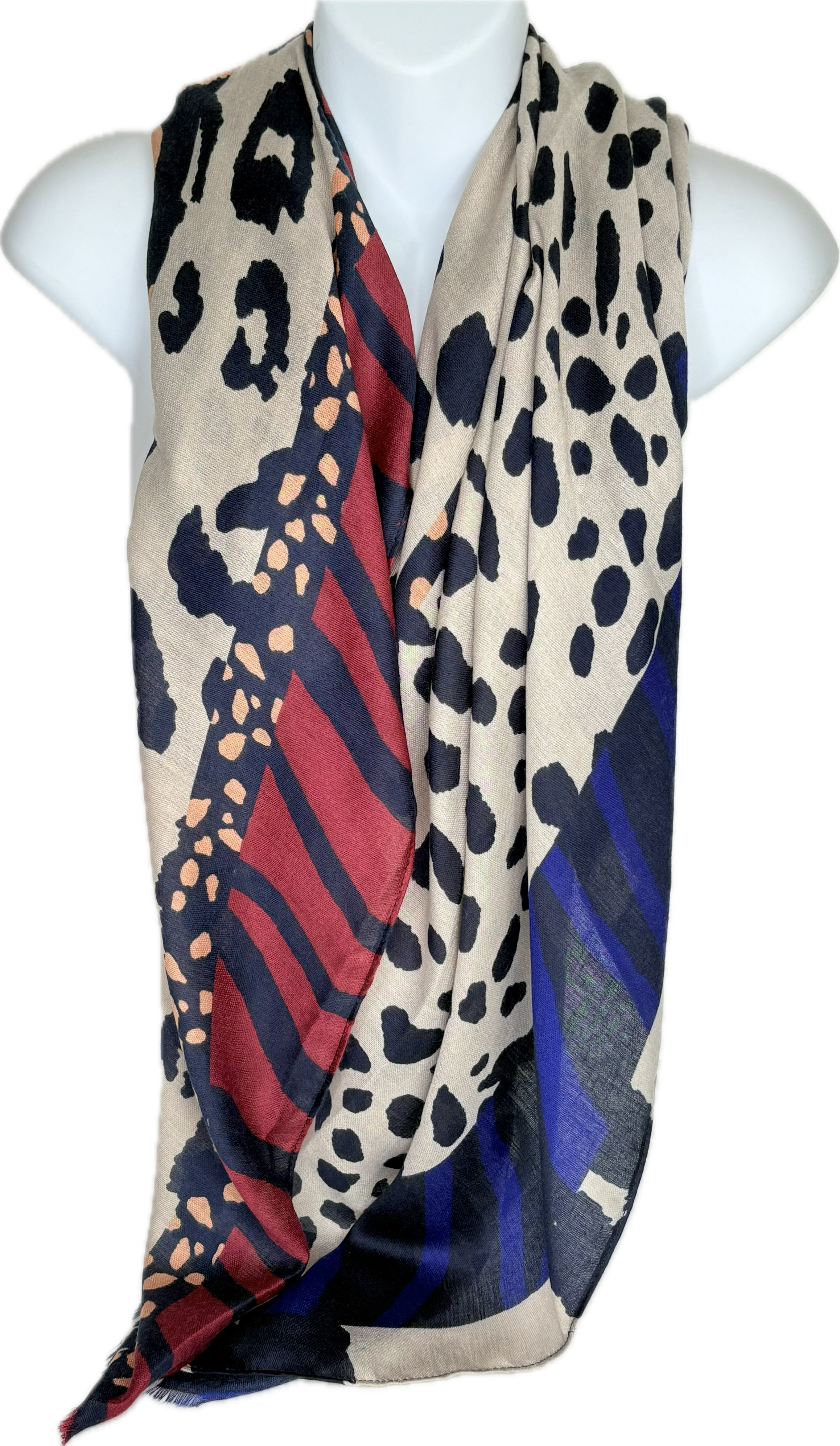 Navy, red, oatmeal and red animal printed scarf