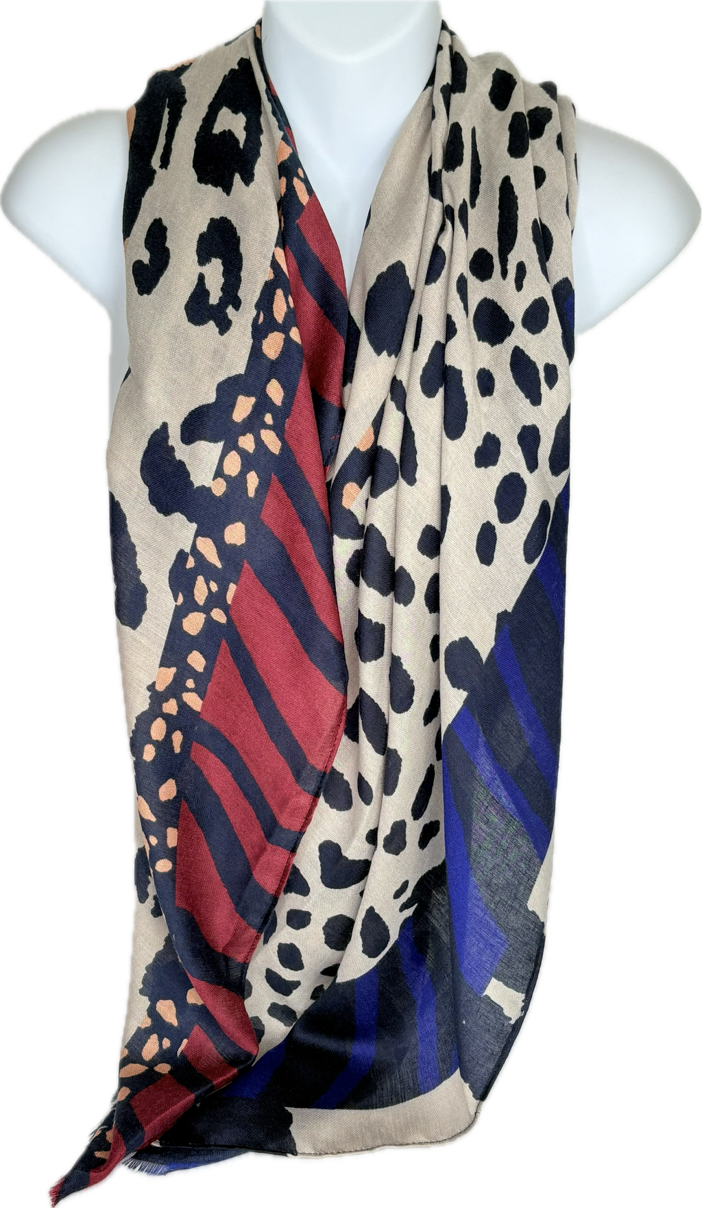Navy, red, oatmeal and red animal printed scarf