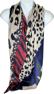 Navy, red, oatmeal and red animal printed scarf