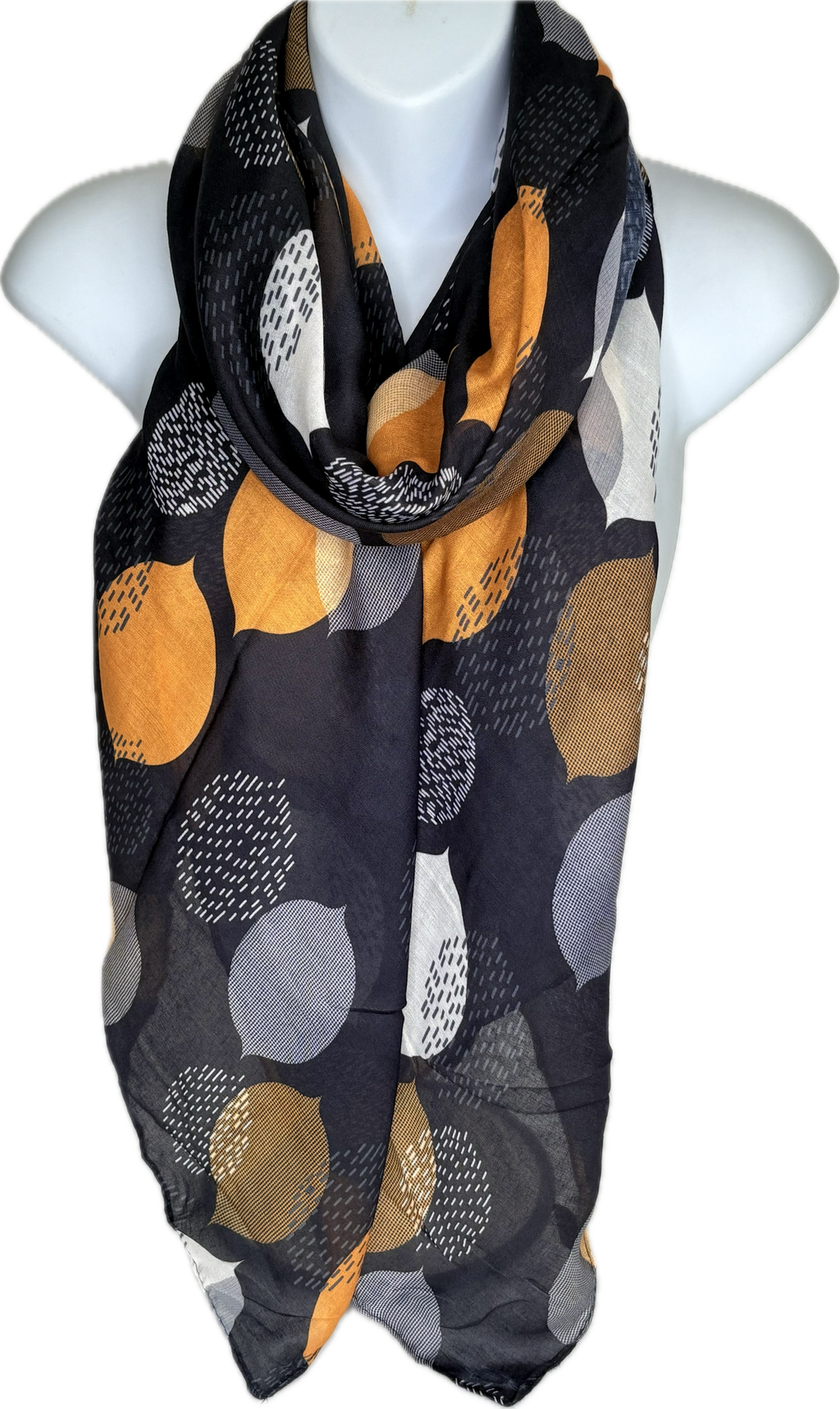 Dark navy, white, grey and mustard leaf printed scarf