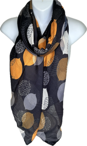Dark navy, white, grey and mustard leaf printed scarf