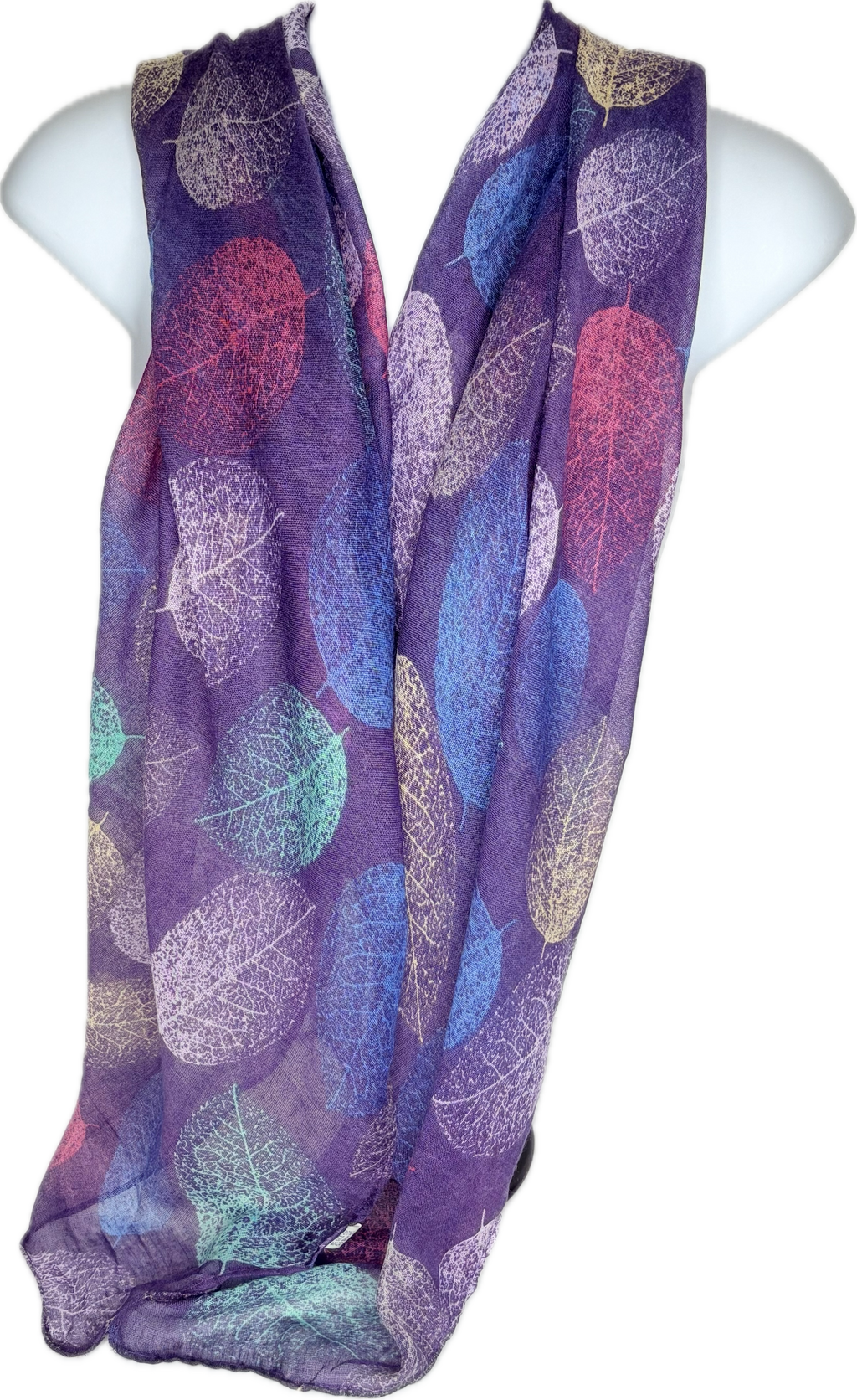 Purple, aqua, pink, white and blue leaf design printed scarf