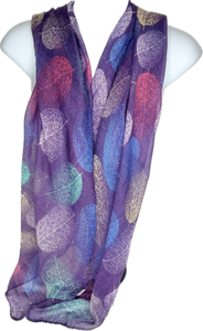Purple, aqua, pink, white and blue leaf design printed scarf