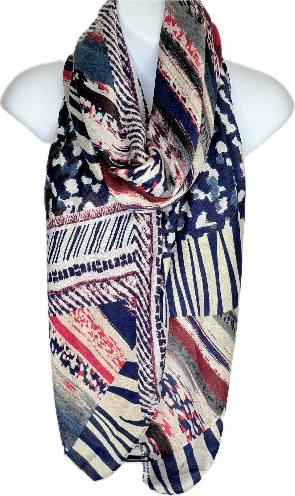 Navy, cream and red abstract printed scarf