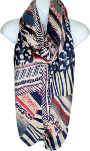 Navy, cream and red abstract printed scarf