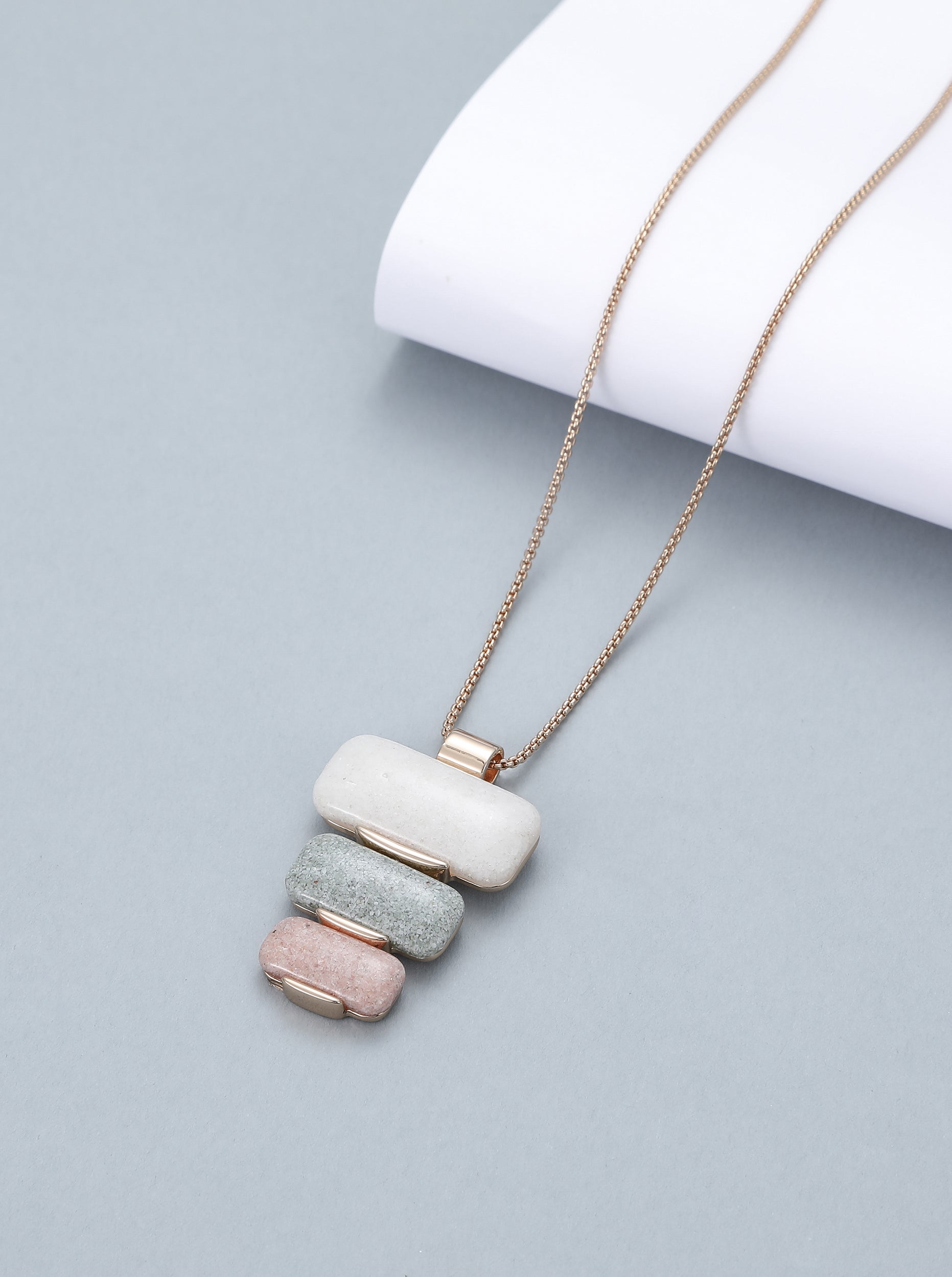 Short necklace with rose gold chain, rose pink, sage and natural oblong stations