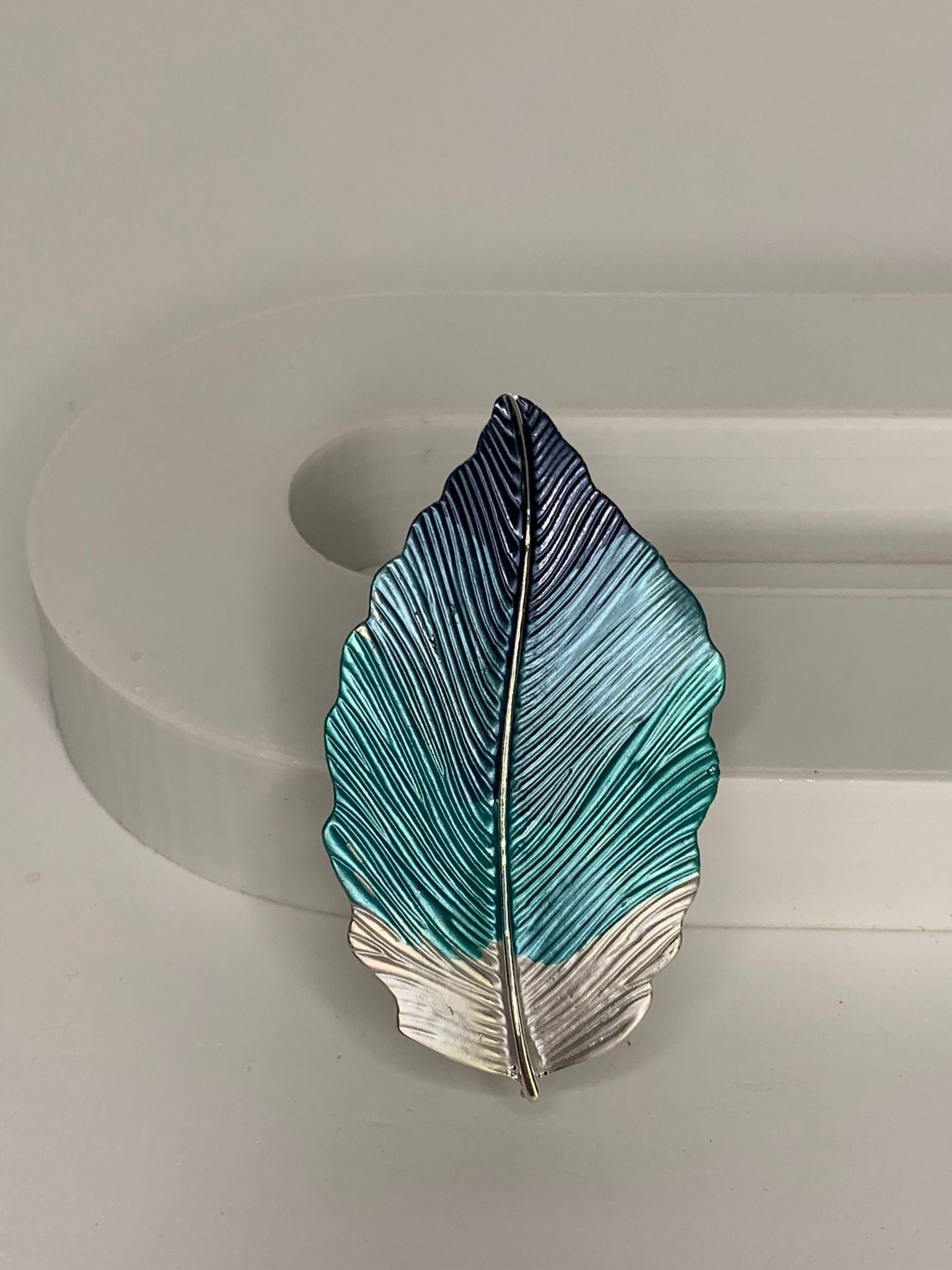 Magnetic brooch & scarf clip  - 'lined leaf' design in shades of navy, aqua blue and turquoise