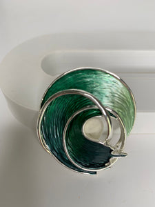 Magnetic brooch & scarf clip  - 'wave' design in shades of shiny silver, forest green, viridian green and sage green