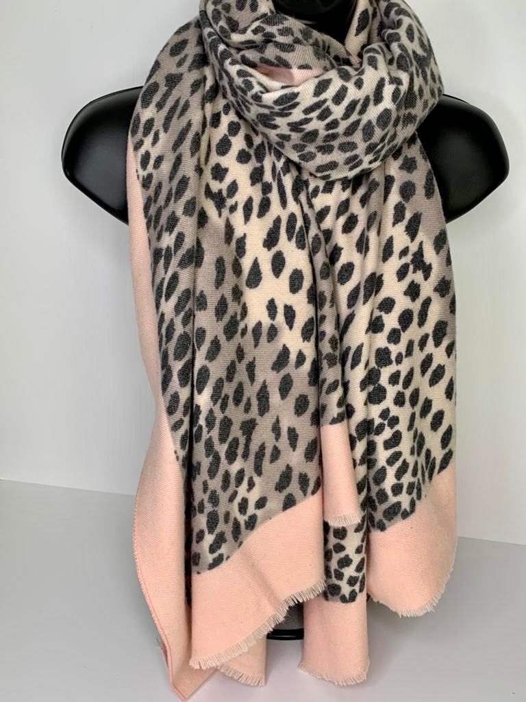 Winter weight leopard print scarf in shades of baby pink and beige