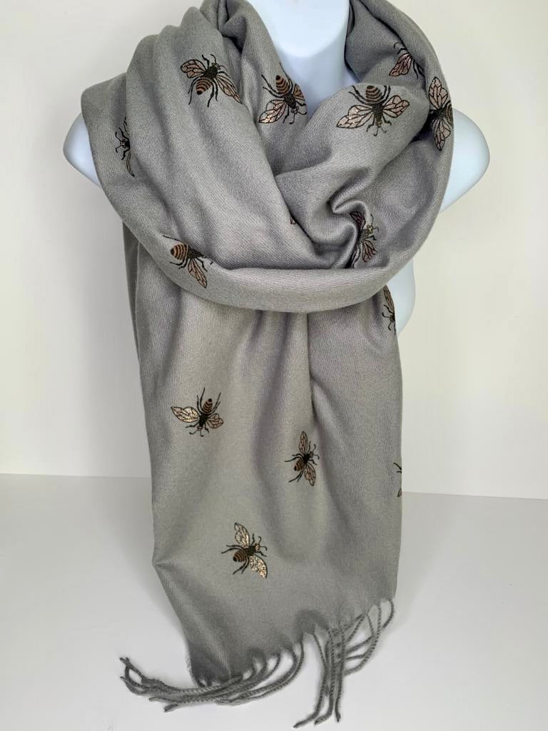 Winter weight, cashmere-blend, glitter bee print scarf in grey