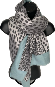 Winter weight leopard print scarf in shades of baby blue and grey
