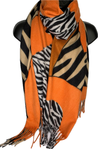 Cashmere feel orange, black, white and cream zebra print scarf