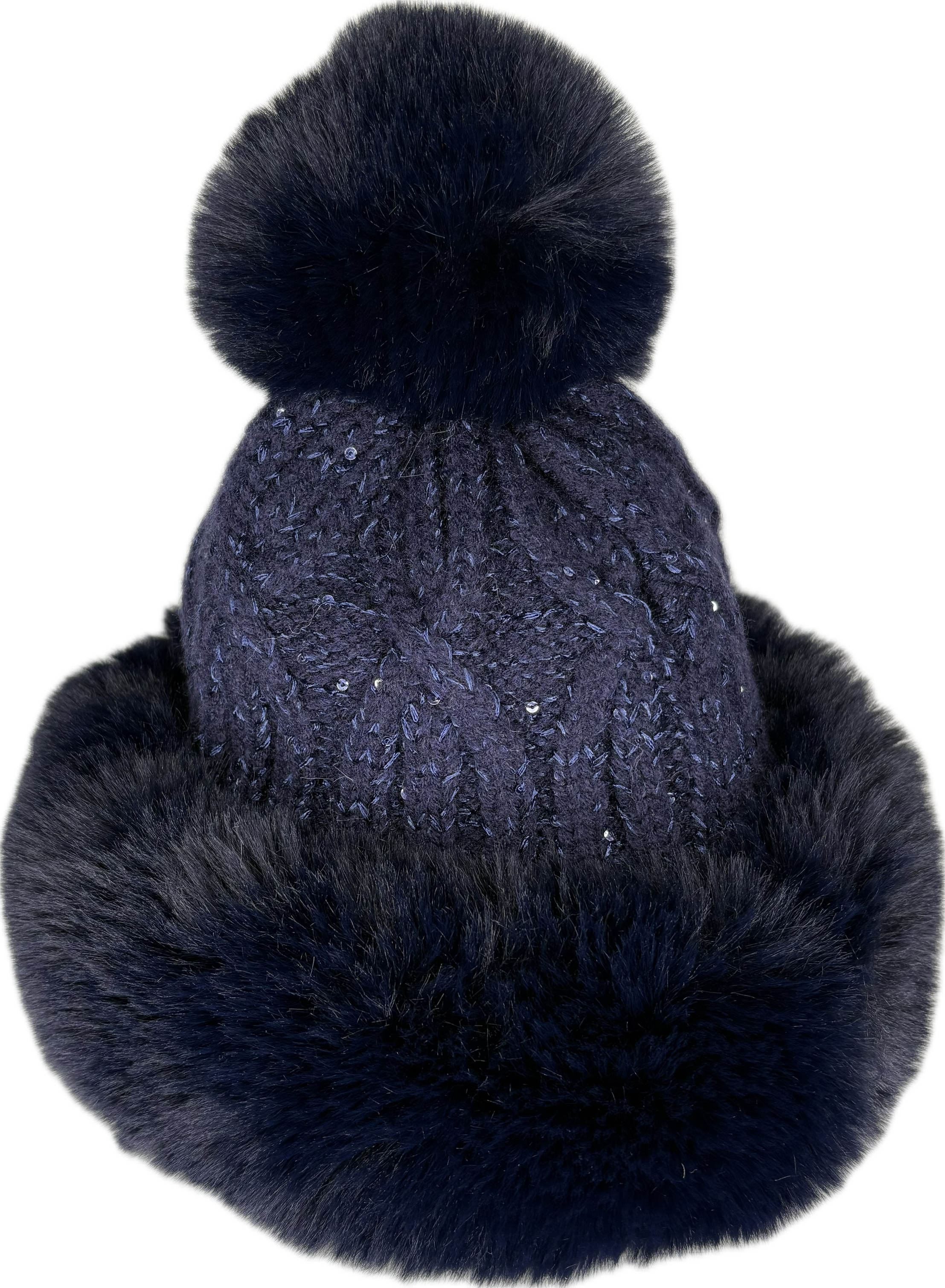 Russian style fur band hat with cable knit glitter detail and fur pom pom in navy